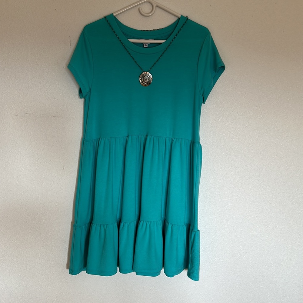 Turquoise T-shirt Dress Size M with Gathered Skirt and Bottom Ruffle